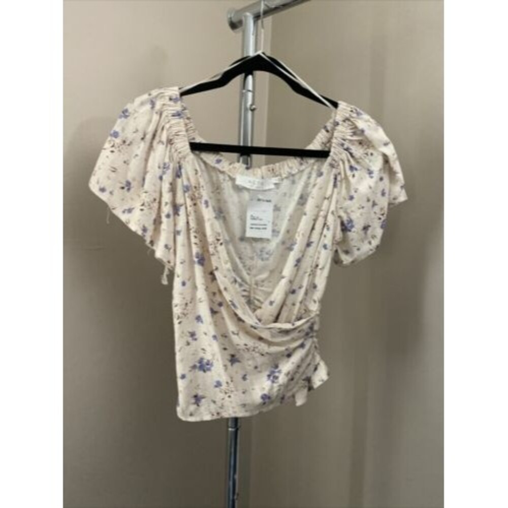 ASTR the Label Flutter Sleeve Faux Wrap Top Periwinkle Floral S
